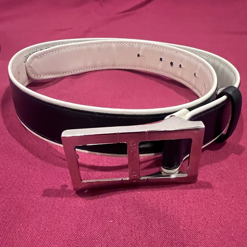Iceberg Black and White Leather Belt with Silver Buckle